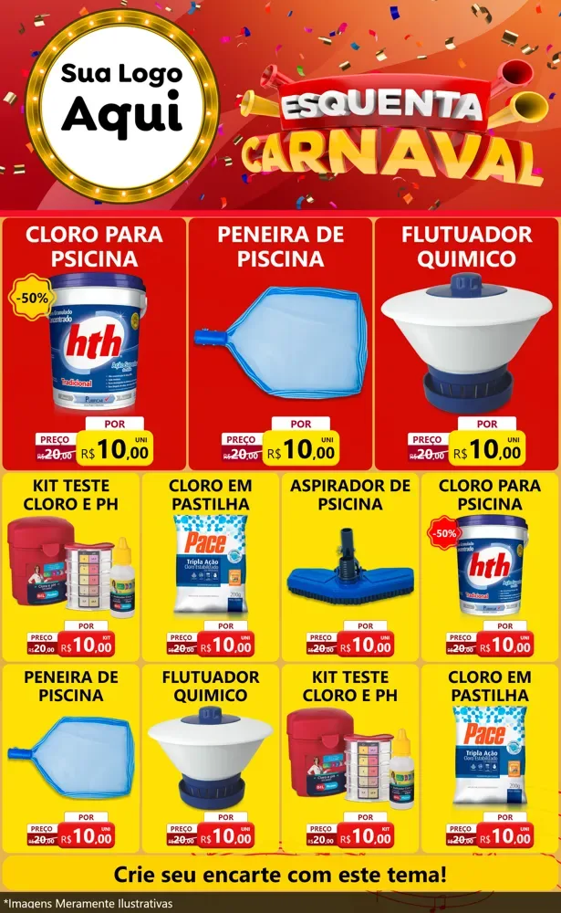Modelo de Encarte para Encarte Grande com o tema Esquenta Carnaval para Produtos para Piscina