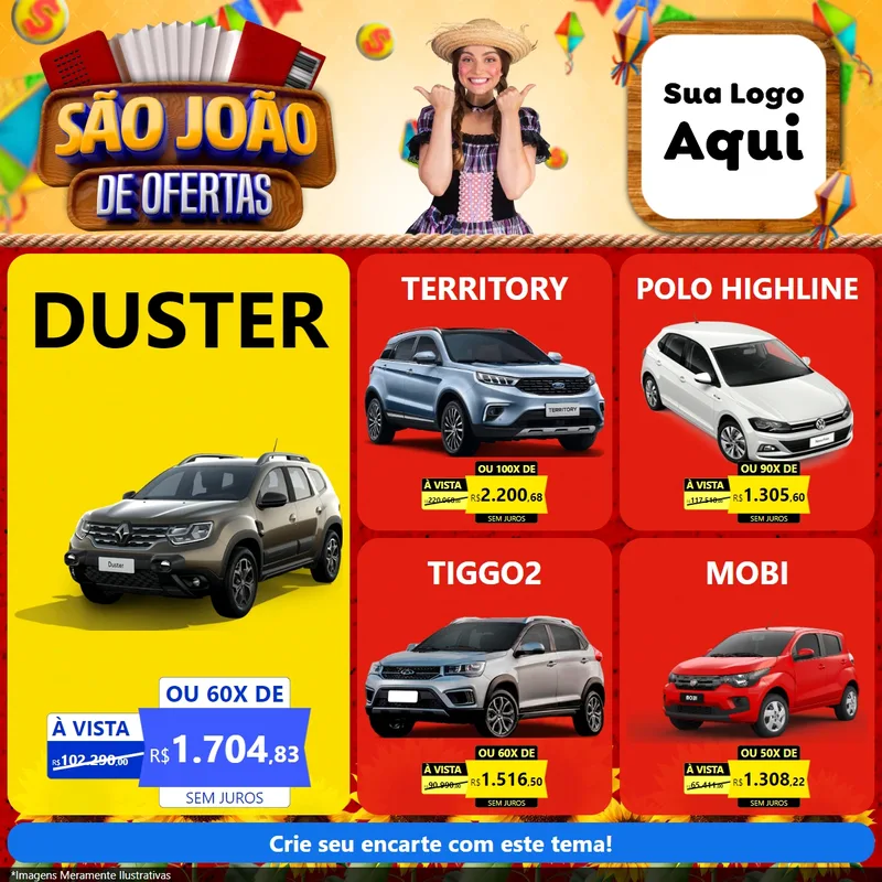 Modelo de Rede Social para Feed Facebook com o tema São João de Ofertas para Concessionaria de Carros