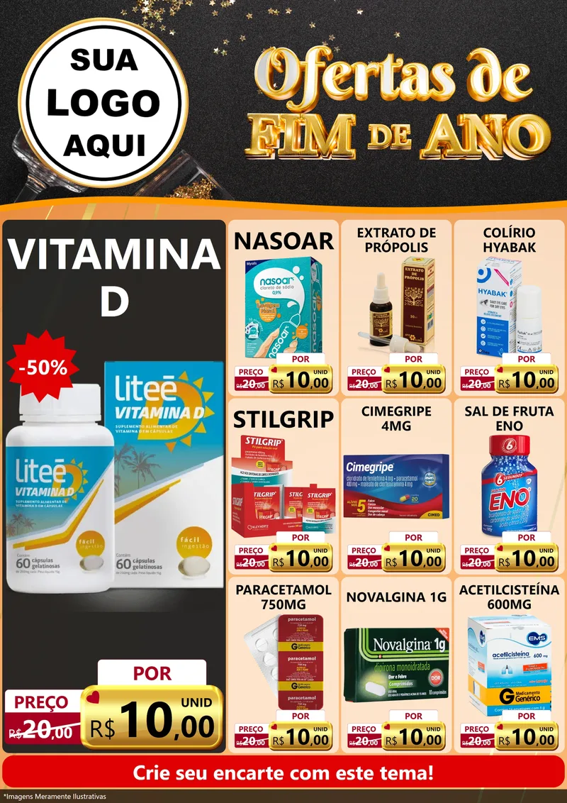 Modelo de Encarte para Encarte A4 Vertical com o tema Ofertas de Fim de Ano para Farmácia