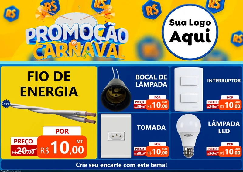 Modelo de Encarte para Encarte A4 Horizontal com o tema Promoção de Carnaval para Materiais Elétricos