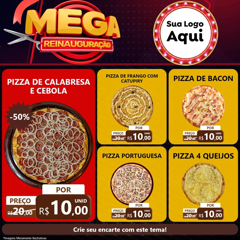 Modelo de Rede Social para Feed Facebook com o tema Mega Reinauguração para Pizzaria
