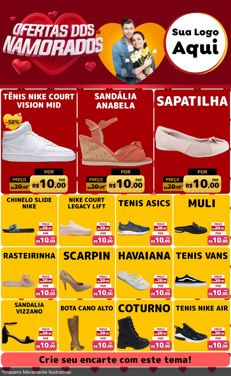 Modelo de Encarte para Encarte Grande com o tema Ofertas Dos Namorados para Calçados