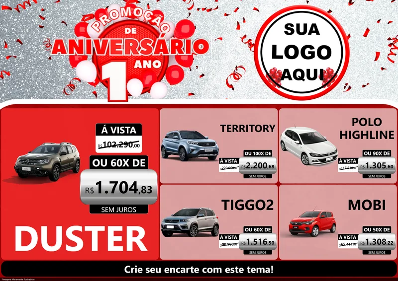 Modelo de Encarte para Encarte A4 Horizontal com o tema Promoção de Aniversário - 1 Ano para Concessionaria de Carros