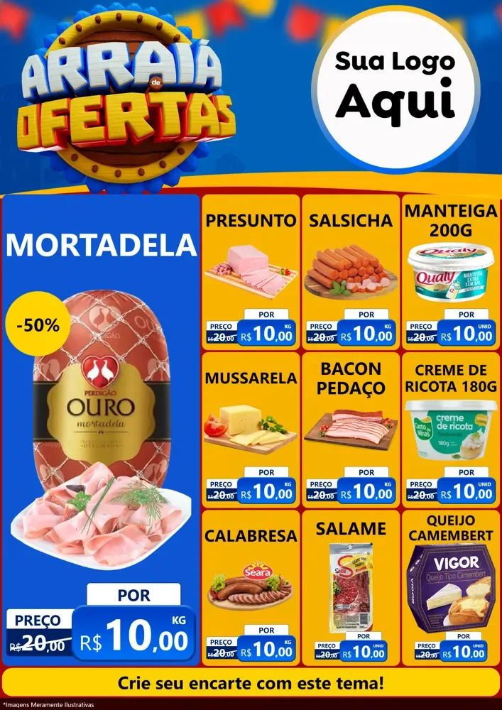 Modelo de Encarte para Encarte A4 Vertical com o tema Arraiá de Ofertas - Junina para Frios e Laticínios
