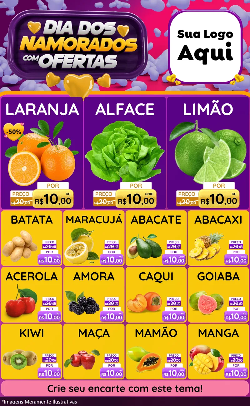 Modelo de Encarte para Encarte Grande com o tema Dia Dos Namorados Com Ofertas para Hortifrúti