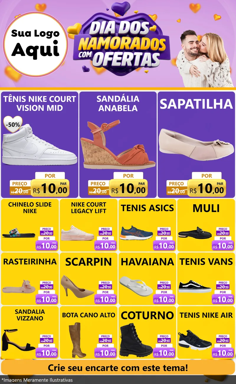 Modelo de Encarte para Encarte Grande com o tema Dia Dos Namorados Com Ofertas para Calçados