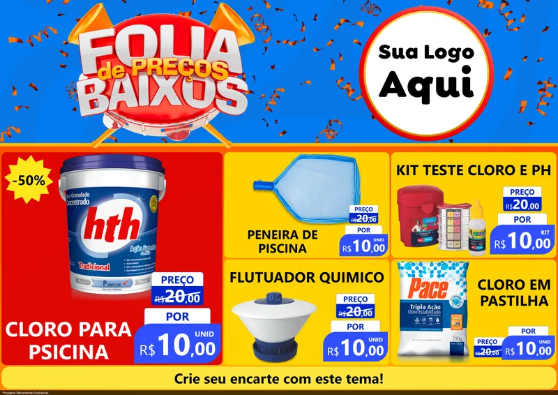 Modelo de Encarte para Encarte A4 Horizontal com o tema Folia de Preços Baixos para Produtos para Piscina