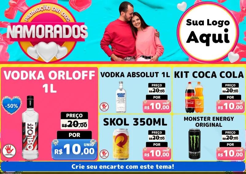 Modelo de Encarte para Encarte A4 Horizontal com o tema Promoção Dia dos Namorados para Distribuidora de bebidas