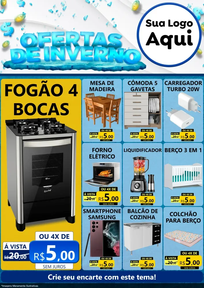 Modelo de Encarte para Encarte A4 Vertical com o tema Ofertas de Inverno para Móveis e Eletro