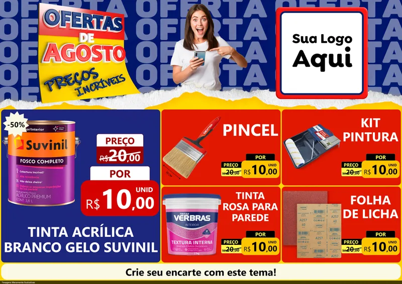 Modelo de Encarte para Encarte A4 Horizontal com o tema Ofertas de Agosto - Preços Incríveis para Tintas e Ferramentas