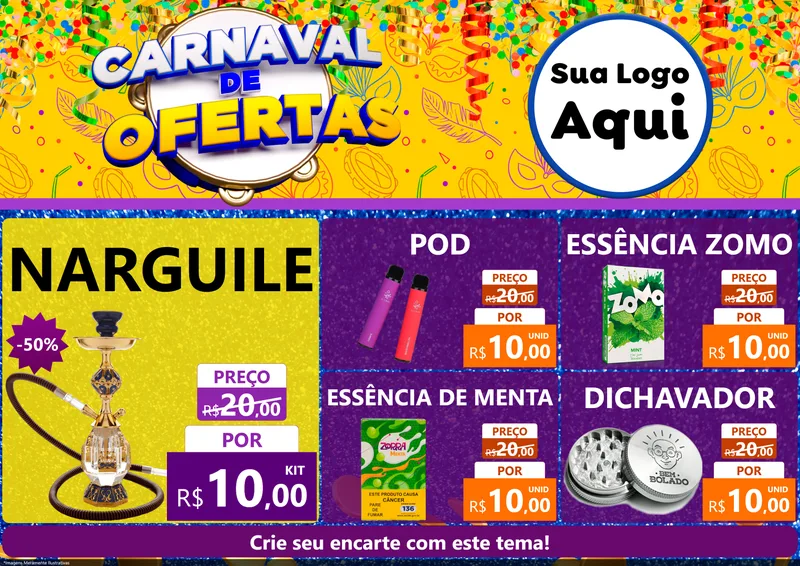 Modelo de Encarte para Encarte A4 Horizontal com o tema Carnaval de Ofertas para Tabacaria