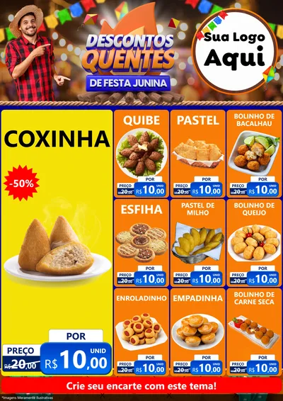 Modelo de Encarte para Encarte A4 Vertical com o tema Descontos Quentes de Festa Junina para Salgadaria