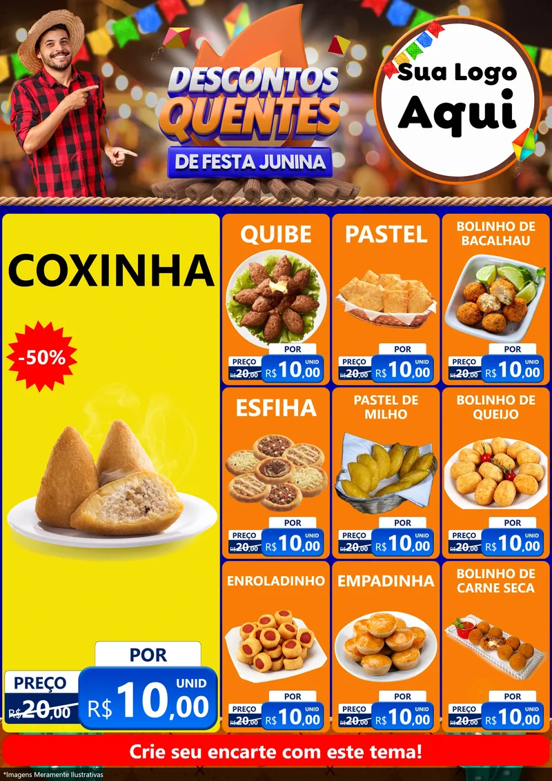 Modelo de Encarte para Encarte A4 Vertical com o tema Descontos Quentes de Festa Junina para Salgadaria