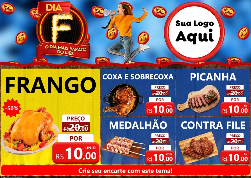 Modelo de Encarte para Encarte A4 Horizontal com o tema Dia F - O Dia Mais Barato Do Mês para Assados