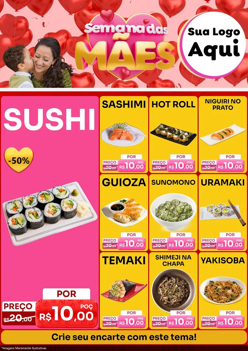 Modelo de Encarte para Encarte A4 Vertical com o tema Semana Das Mães para Comida japonesa