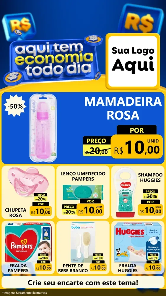 Modelo de Rede Social para Stories com o tema Aqui Tem Economia Todo Dia para Bebês