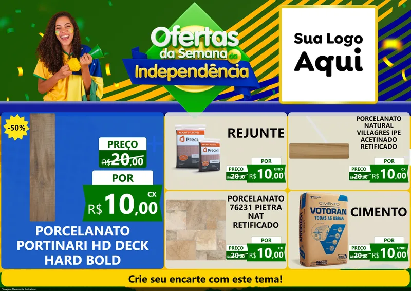 Modelo de Encarte para Encarte A4 Horizontal com o tema Ofertas da Semana da Independência para Pisos e revestimentos