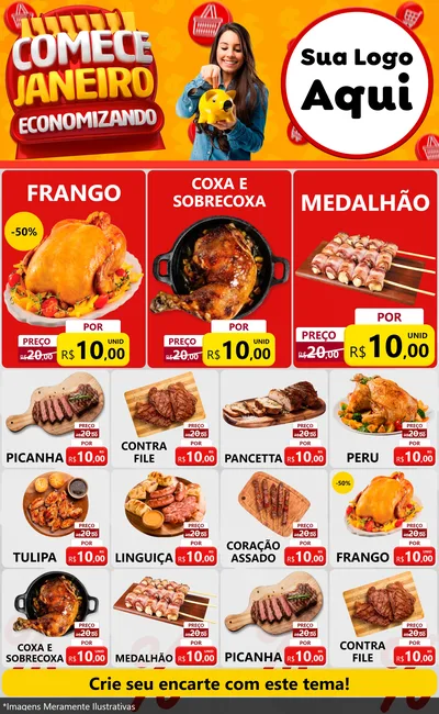 Modelo de Encarte para Encarte Grande com o tema Comece Janeiro Economizando para Assados