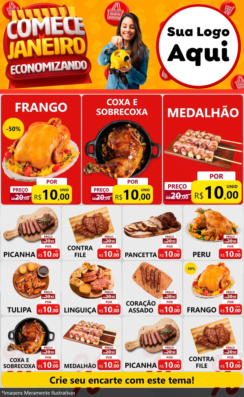 Modelo de Encarte para Encarte Grande com o tema Comece Janeiro Economizando para Assados