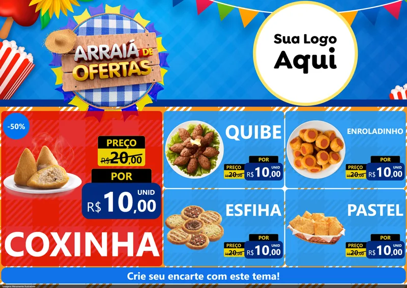 Modelo de Encarte para Encarte A4 Horizontal com o tema Arraiá de Ofertas para Salgadaria