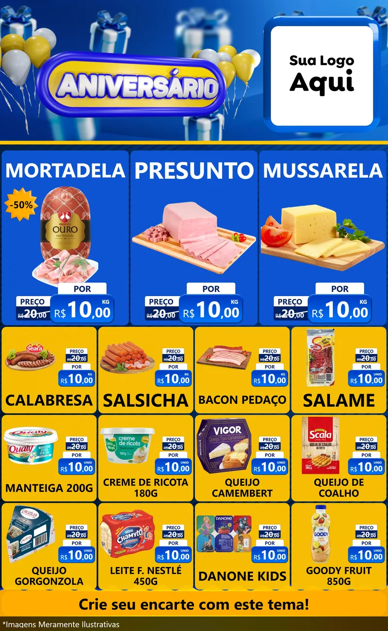 Modelo de Encarte para Encarte Grande com o tema Aniversário para Frios e Laticínios