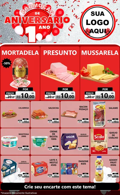 Modelo de Encarte para Encarte Grande com o tema Promoção de Aniversário - 1 Ano para Frios e Laticínios