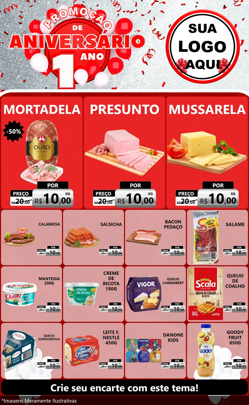 Modelo de Encarte para Encarte Grande com o tema Promoção de Aniversário - 1 Ano para Frios e Laticínios