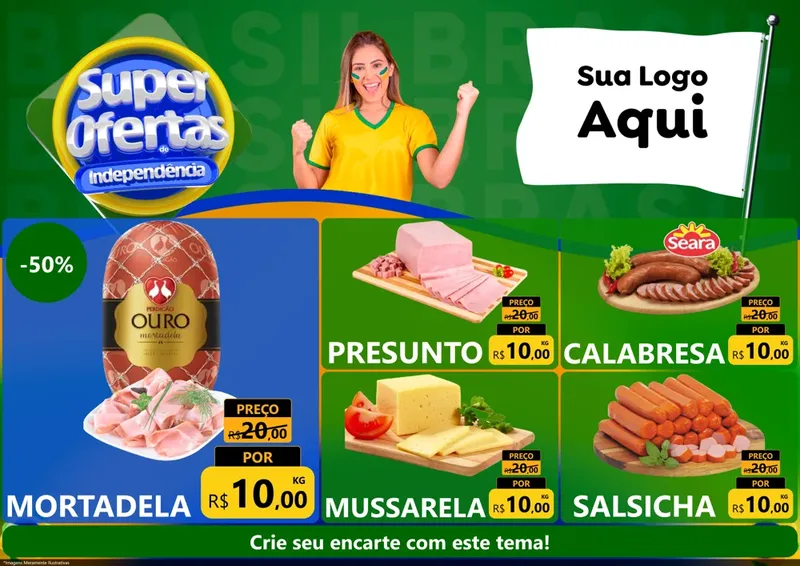 Modelo de Encarte para Encarte A4 Horizontal com o tema Super Ofertas de Independência para Frios e Laticínios
