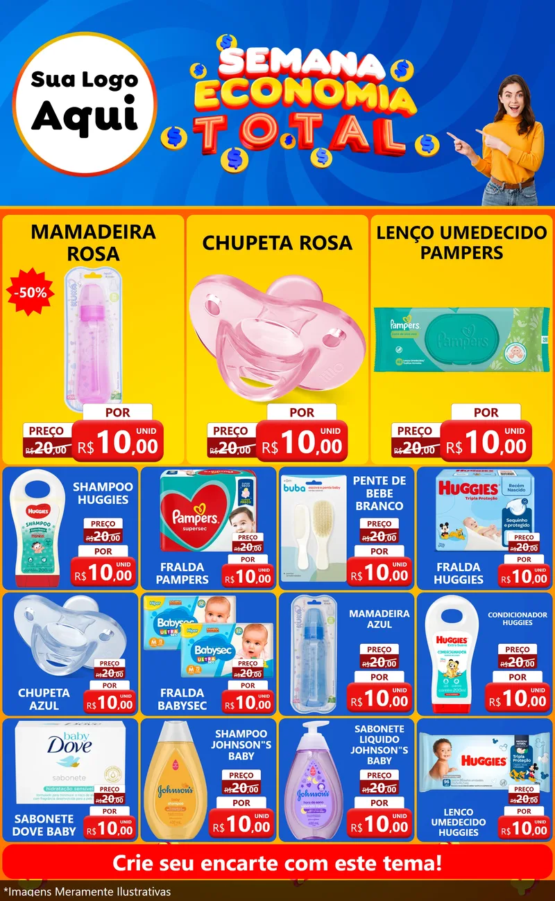 Modelo de Encarte para Encarte Grande com o tema Semana Economia Total para Bebês