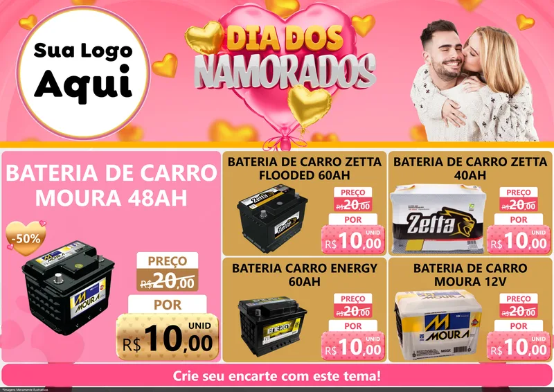 Modelo de Encarte para Encarte A4 Horizontal com o tema Dia dos Namorados para Baterias Elétricas