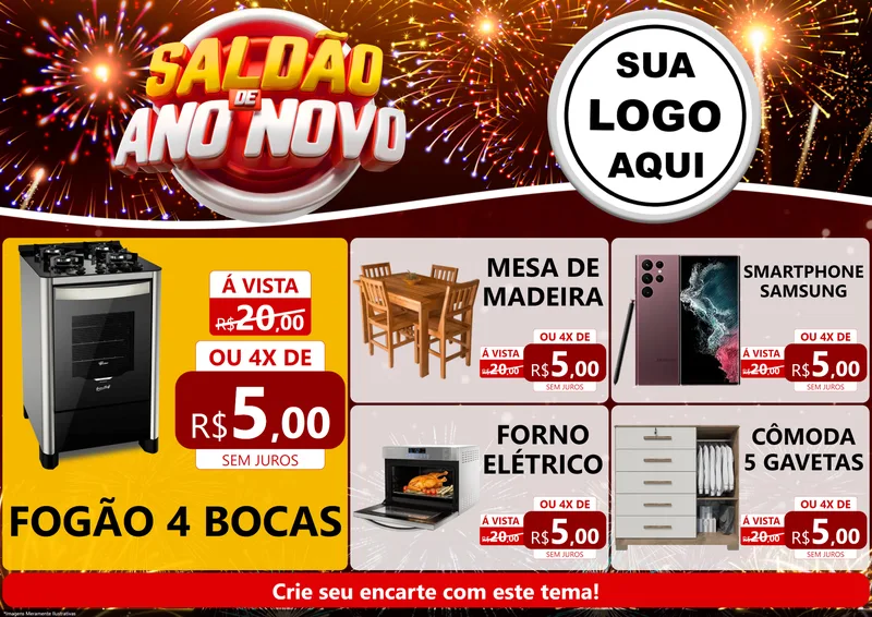 Modelo de Encarte para Encarte A4 Horizontal com o tema Saldão de Ano Novo para Móveis e Eletro