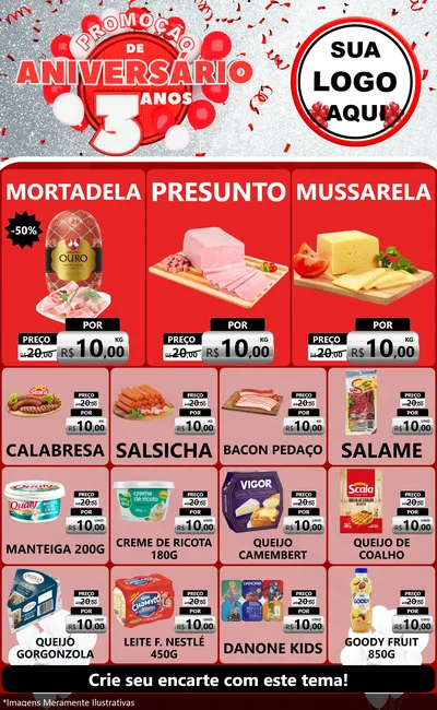 Modelo de Encarte para Encarte Grande com o tema Promoção de Aniversário - 3 Anos para Frios e Laticínios