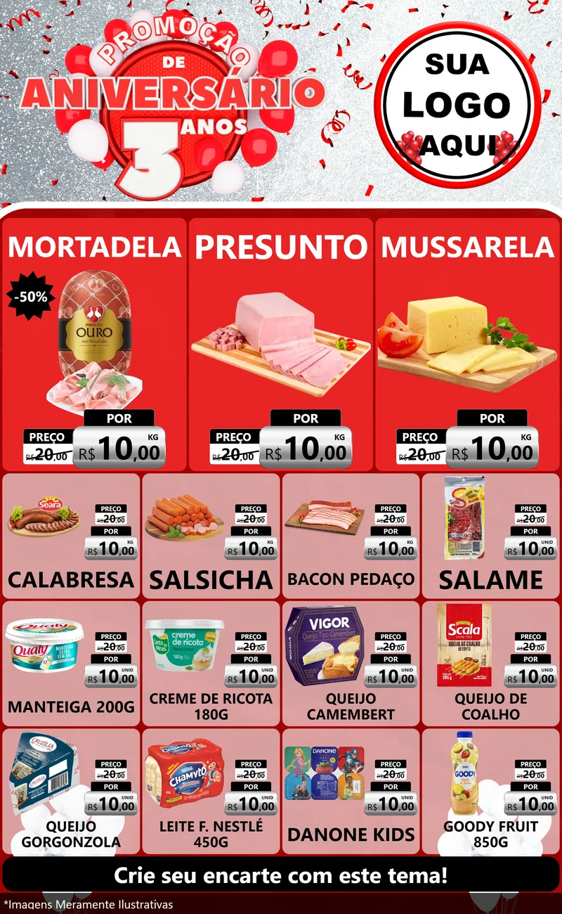 Modelo de Encarte para Encarte Grande com o tema Promoção de Aniversário - 3 Anos para Frios e Laticínios