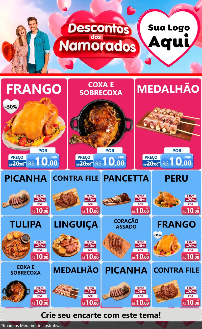 Modelo de Encarte para Encarte Grande com o tema Descontos dos Namorados para Assados