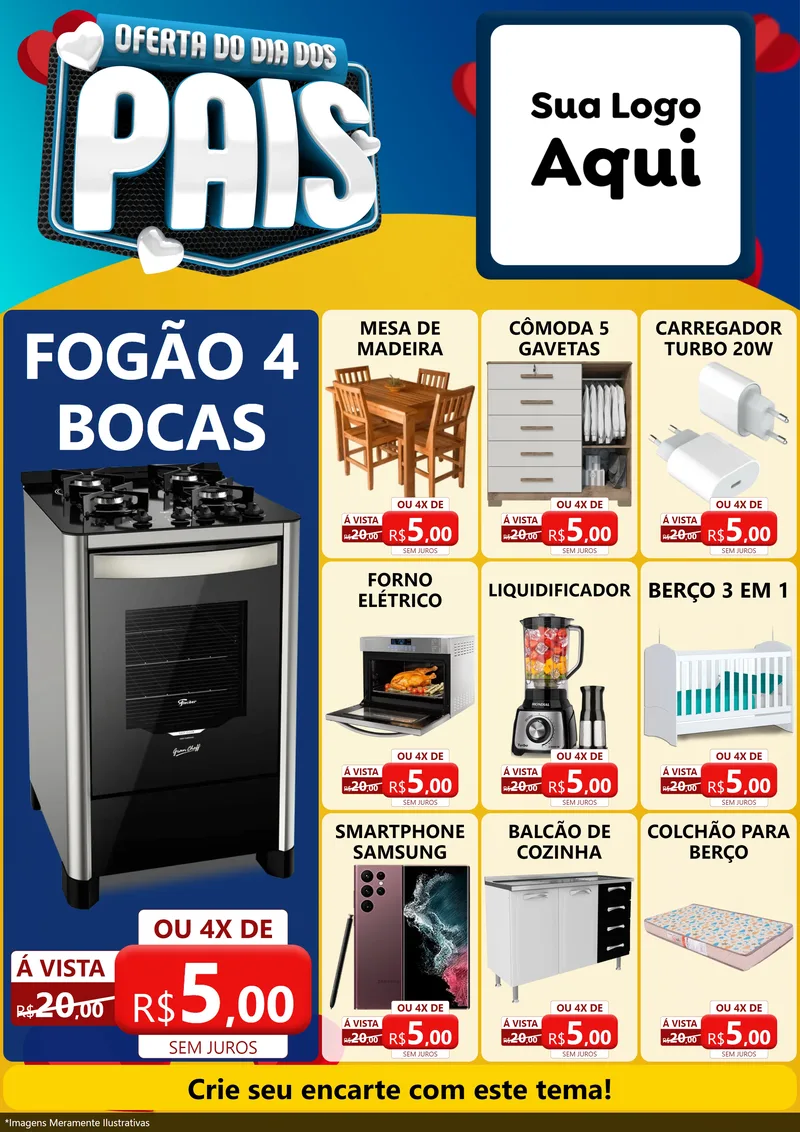 Modelo de Encarte para Encarte A4 Vertical com o tema Oferta Do Dia Dos Pais para Móveis e Eletro
