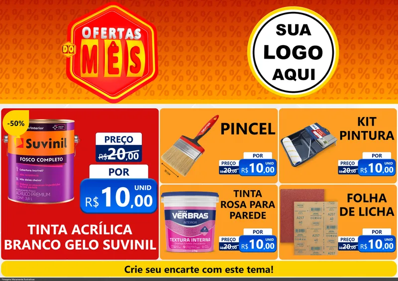 Modelo de Encarte para Encarte A4 Horizontal com o tema Ofertas do Mês para Tintas e Ferramentas
