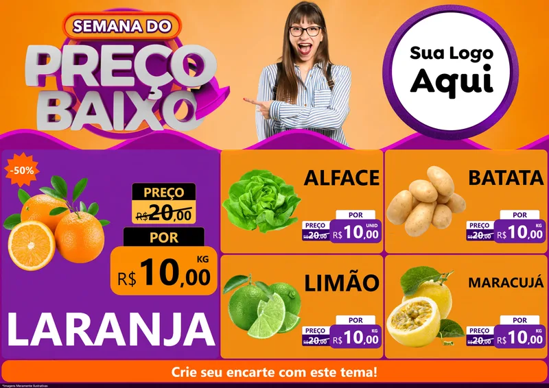 Modelo de Encarte para Encarte A4 Horizontal com o tema Semana do Preço Baixo para Hortifrúti