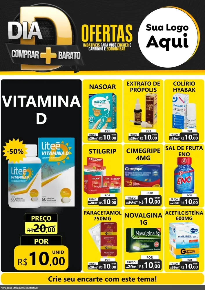 Modelo de Encarte para Encarte A4 Vertical com o tema Dia D Mais Economia para Farmácia
