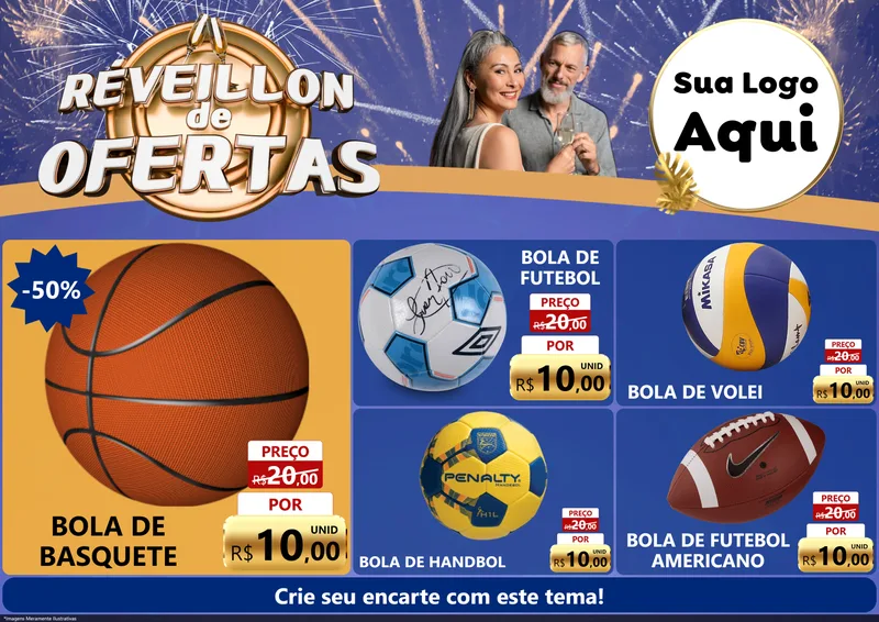 Modelo de Encarte para Encarte A4 Horizontal com o tema Réveillon de Ofertas para Artigos Esportivos