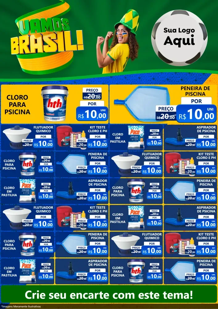 Modelo de Encarte para Encarte A4 Vertical com o tema Vamos Brasil - Copa para Produtos para Piscina