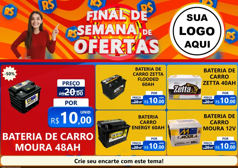 Modelo de Encarte para Encarte A4 Horizontal com o tema Final de Semana de Ofertas para Baterias Elétricas