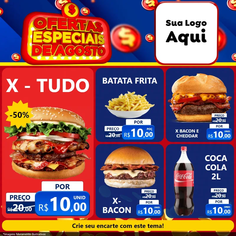 Modelo de Rede Social para Feed Facebook com o tema Ofertas Especiais de Agosto para Hamburgueria