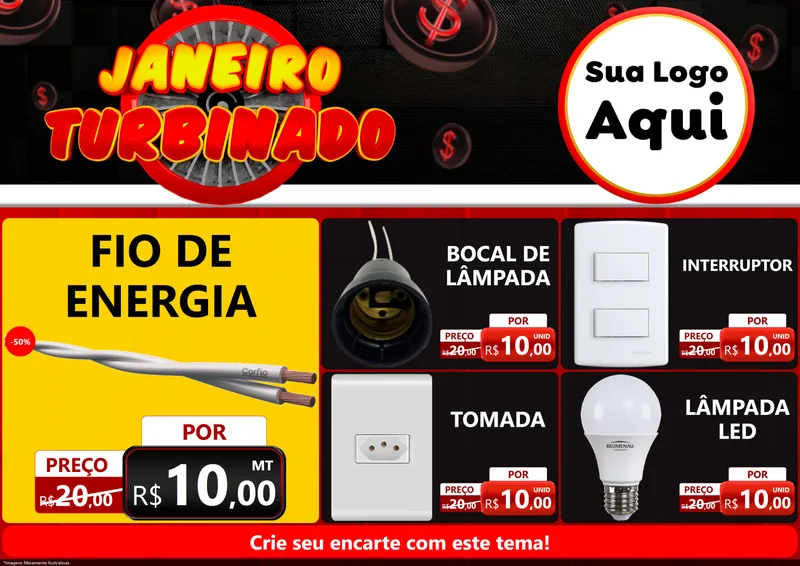Modelo de Encarte para Encarte A4 Horizontal com o tema Janeiro Turbinado para Materiais Elétricos