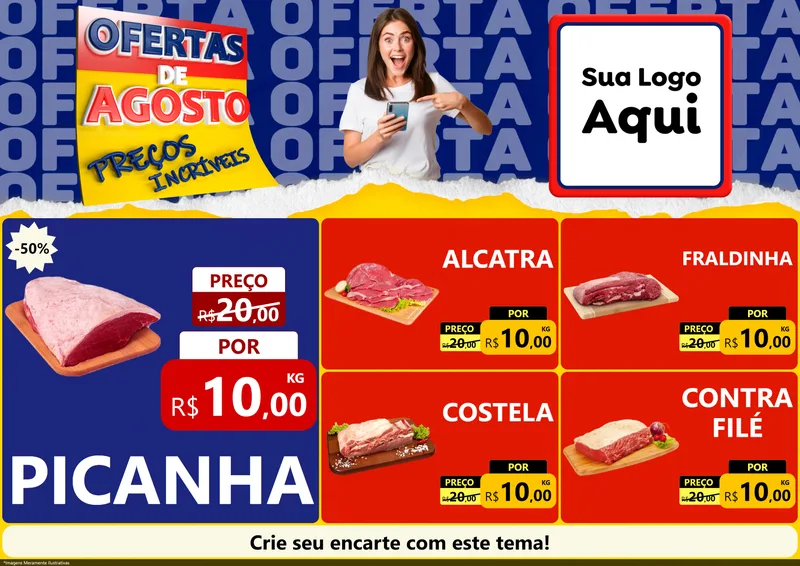 Modelo de Encarte para Encarte A4 Horizontal com o tema Ofertas de Agosto - Preços Incríveis para Açougue