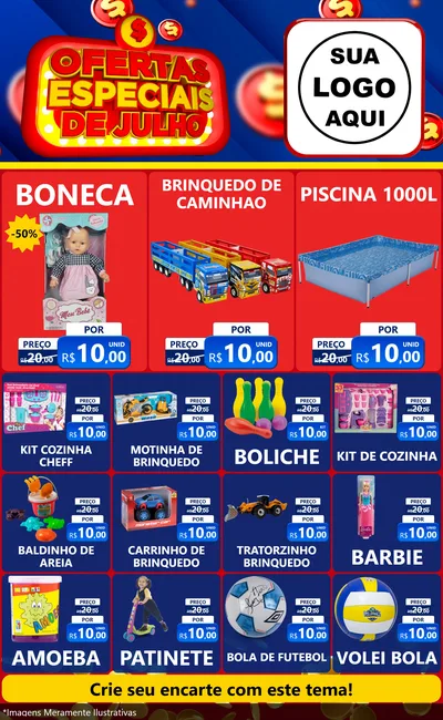 Modelo de Encarte para Encarte Grande com o tema Ofertas Especiais de Julho para Brinquedos