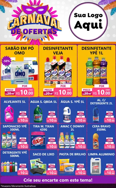 Modelo de Encarte para Encarte Grande com o tema Carnaval de Ofertas para Produtos de Limpeza