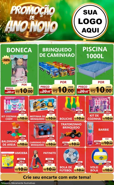 Modelo de Encarte para Encarte Grande com o tema Promoção de Ano Novo para Brinquedos