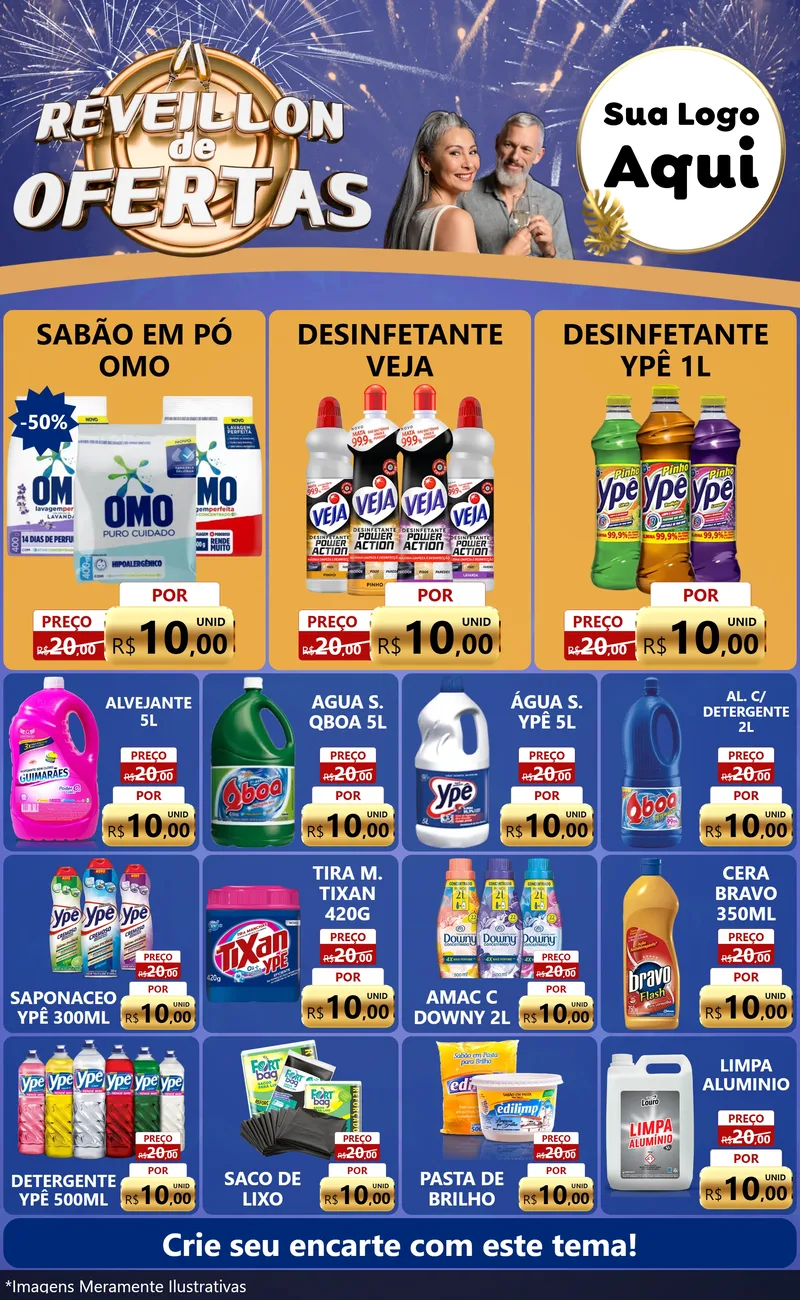 Modelo de Encarte para Encarte Grande com o tema Réveillon de Ofertas para Produtos de Limpeza