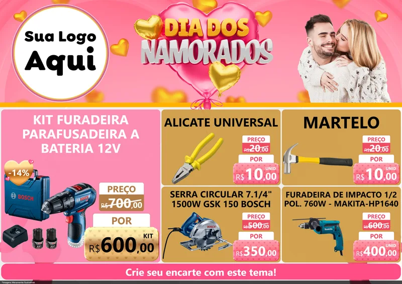 Modelo de Encarte para Encarte A4 Horizontal com o tema Dia dos Namorados para Maquinas e Ferramentas