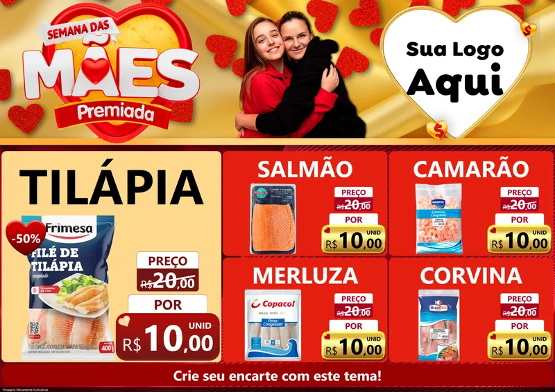 Modelo de Encarte para Encarte A4 Horizontal com o tema Semana das Mães Premiada para Peixaria